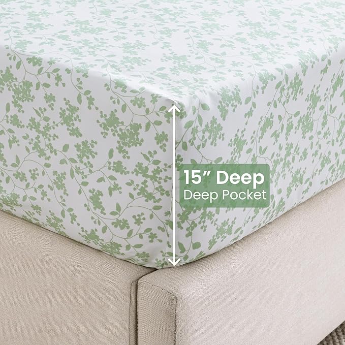 Softan King Sheet Set Green Leaves Bedding Sheets Printed Sheets - 4 Piece Soft Microfiber Botanical Patterned Fitted Sheet with 15" Deep Pocket