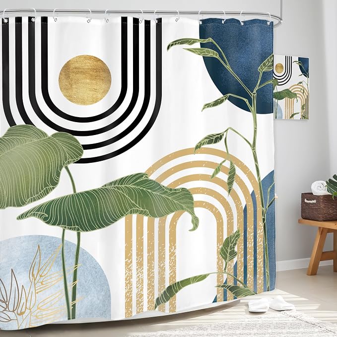 Glawry Navy Blue Boho Shower Curtain Mid Century Abstract Light Blue Tropical Palm Botany Sun Arch Plant Minimalist Bathroom Modern 72Wx72L Inches Bath Accessories Art Home Decor Fabric 12 Pack Hook