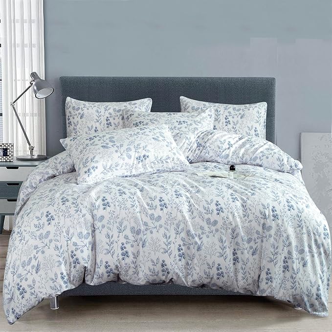 King Size Floral Comforter Set 3 Pieces Soft Chic Garden Style Blue Print Lightweight Botanical Flower Comforter Set for All Seasons 1 Comforter and 2 Pillowcases