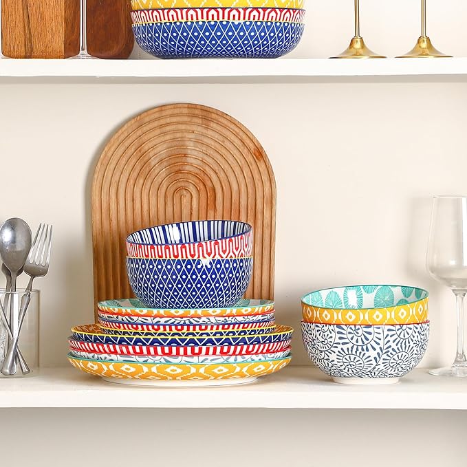 Selamica Ceramic Plates and Bowls Sets,18 Pieces Dinnerware Sets for 6,Dishwasher & Microwave Safe dish set,Family & Holiday Dining, Assorted Colors