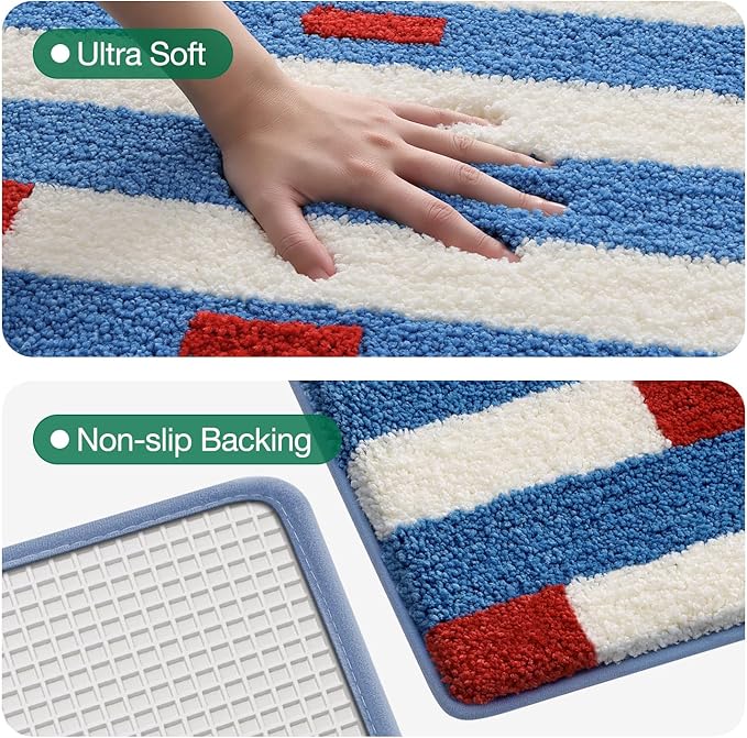 LUMI Bathroom Rugs with Blue White Stripe, Soft Absorbent Bath Mat for Modern Home Decor, Non-Slip Quick-Dry Bath Rug, Machine Washable Floor Mat for Shower and Tub, Entryway, 16"x24"