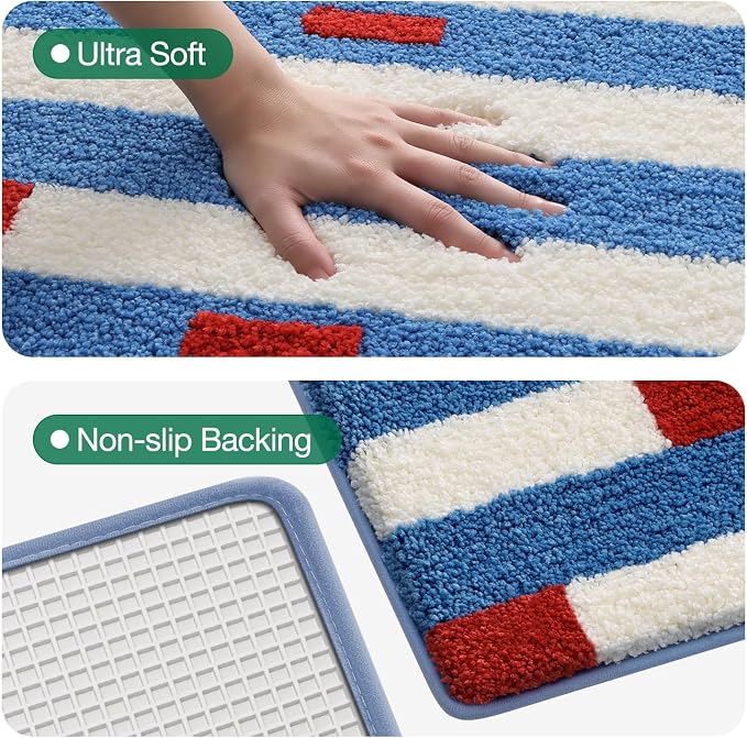 LUMI Bathroom Rugs with Blue White Stripe, Soft Absorbent Bath Mat for Modern Home Decor, Non-Slip Quick-Dry Bath Rug, Machine Washable Floor Mat for Shower and Tub, Entryway, 24"x36"