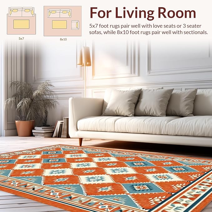 Flatwoven High Traffic Area Rug 4x6, Timeless Southwestern for Eclectic, Non Slip, Stain Resistant, Washable Area Rugs for Living Room, Bedroom (Orange, 4x6)