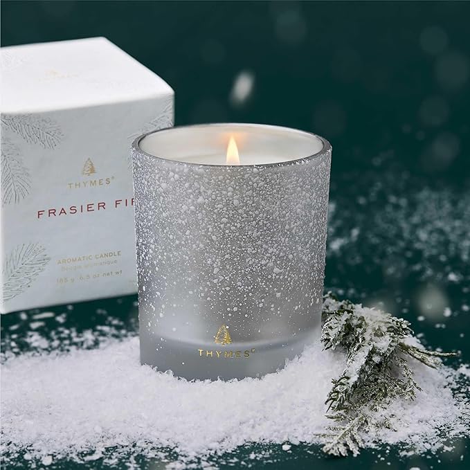 Thymes Frasier Fir Flocked Jar Candles – Holiday Scented Candles for Home with Notes of Crisp Siberian Fir, Cedarwood & Sandalwood – Luxury Home Decor Gifts for Women & Men (6.5 oz)