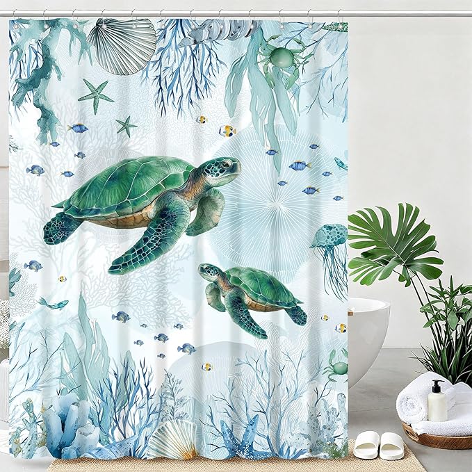 Green Sea Turtle Shower Curtain Teal Blue Coastal Shower Curtains for Bathroom Waterproof Fabric Bath Curtain Decor with Hooks
