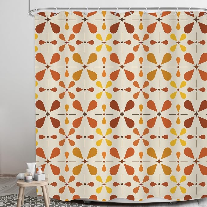 Boho Mid Century Orange Shower Curtain Bathroom Set 71Wx71H Inches Modern Red Abstract Water Drop Bohemian Vintage Colourful Geometry Bath Accessories Retro Art Home Decor Fabric 12 Pack Hooks