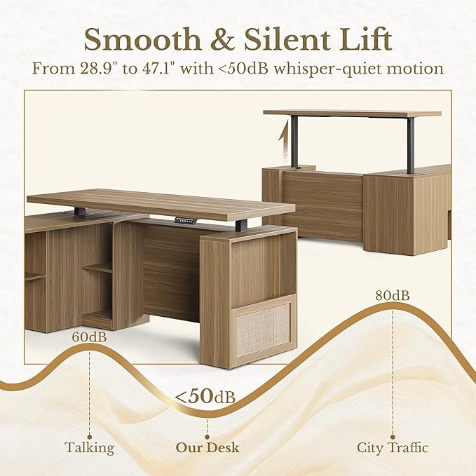 63 Inches L Shaped Standing Desk, Executive Standing Desk with Drawers and File Cabinet, AC/USB, 1.18" Desktop, Multi-Sized Storage Cubby, Privacy Panel, Rattan Computer Desk, Natural Oak