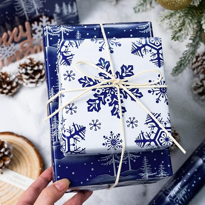 MAYPLUSS Christmas Wrapping Paper Roll - 17IN X 33FT - Blue Gift Wrapping Paper Featuring Christmas Tree Against Navy Blue Reversible Snowflke for Kids, Holiday, New Year