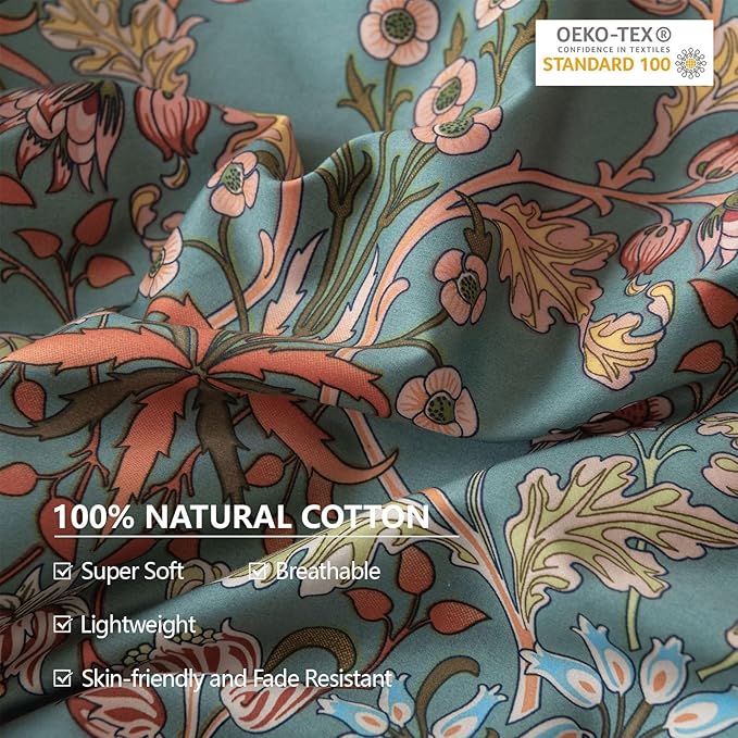 EAVD Vintage Style Flower Duvet Cover Full Soft 100% Cotton Chic Floral Boho Bedding Set with 2 Pillowcases Garden Gorgeous Floral Full Duvet Cover with Zipper Closure 4 Ties