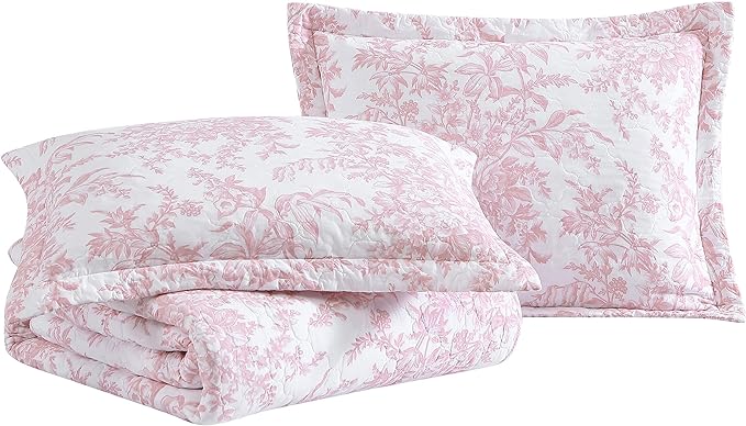 Laura Ashley - King Quilt Set, Soft & Reversible Cotton Floral Bedding with a Medium Weight Feel, 3 Piece Bed Set with Matching Pillowcases (Bedford Pink)