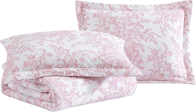 Laura Ashley - Twin Quilt Set, Soft & Reversible Cotton Floral Bedding with a Medium Weight Feel, 2 Piece Bed Set with Matching Pillowcase (Bedford Pink)
