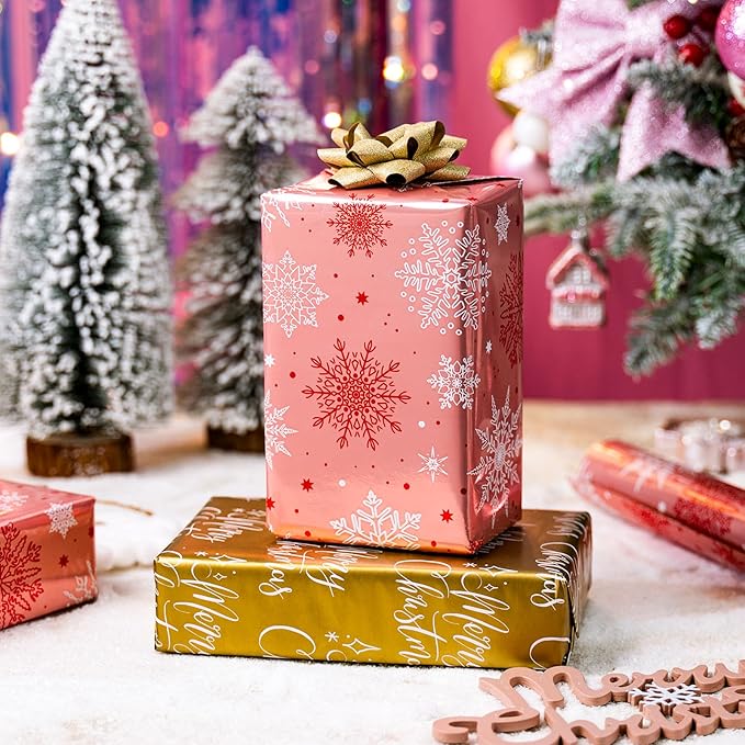 MAYPLUSS Pink Christmas Wrapping Paper Roll - 17IN X 33FT - Christmas Gift Wrapping Paper Featuring White Snowflake Reversible Gold for Kids, Holiday, New Year