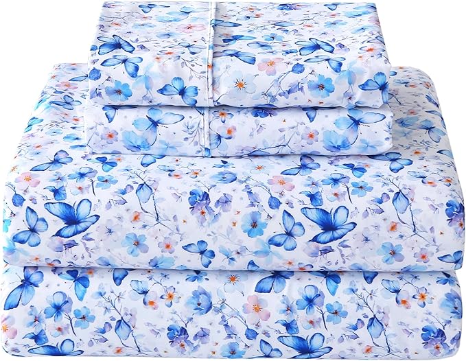 Softan Full Floral Sheets, Microfiber Blue Flower Printed Fitted Sheets with Non-Slip Corner Straps and 15" Deep Pocket, Butterfly Patterned Cozy Bed Sheets Double Sheets & Pillowcase Sets