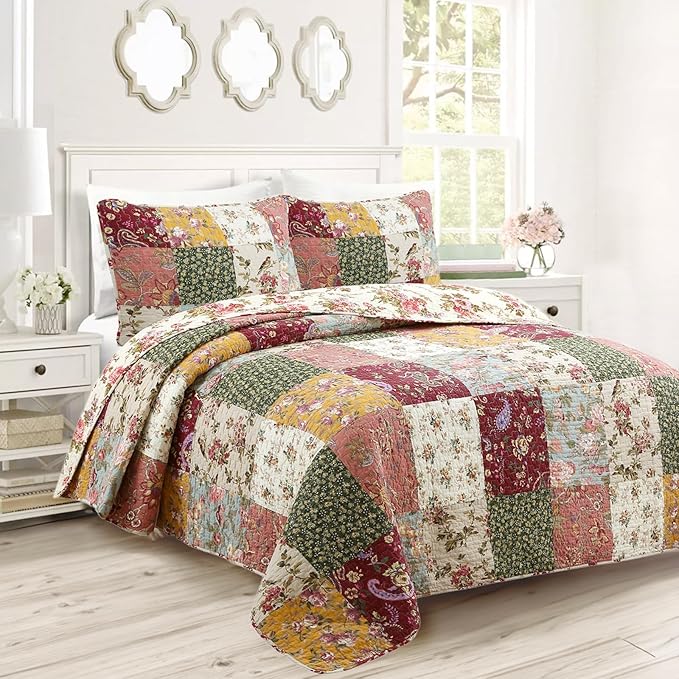 Cozy Line Home Fashions 100% Cotton Authentic Patchwork Quilt Bedding Set, Floral Vintage Antique Chic Reversible Coverlet Bedspread (Harvest, King - 3 Piece)