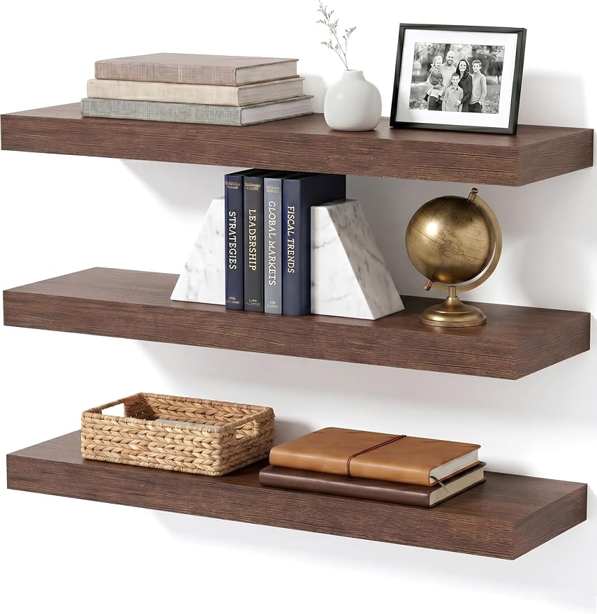 Floating Shelves for Wall, Bathroom Shelves Over Toilet, Wall Shelves & Book Shelf for Room, Hanging Shelf, Modern Wooden Mounted Floating Shelves, 24x7x1.5 in (Walnut-Like, Set of 3)