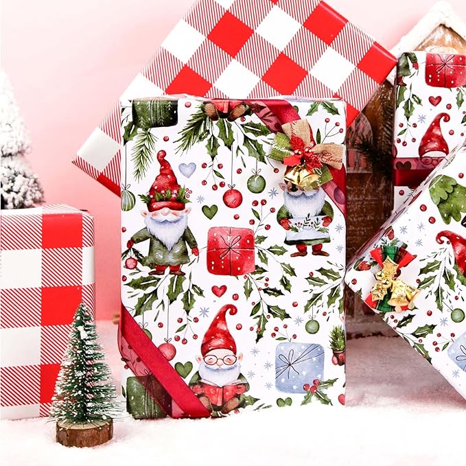MAYPLUSS Christmas Wrapping Paper Roll - 17IN X 33FT - Gift Wrapping Paper Featuring Santa Claus Christmas Ballon Reversible Plaid for Kids, Holiday, New Year