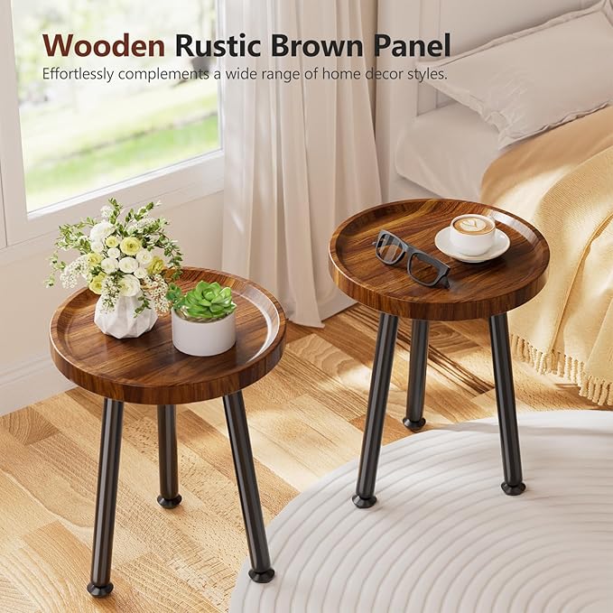 Ekisemio 2-Pack Plant Stands Outdoor Indoor, Mid Century Side Tables with Walnut Finish & Raised Edge, Small End Table for Living Room (12.5"x18")