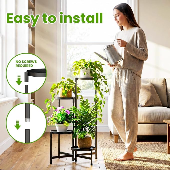 Plant Stand Indoor Outdoor, 4 Tier Corner Metal Flower Display Holder Shelf, Folding Tall Orchid Rack for Patio Balcony Porch Garden Living Room House, Black