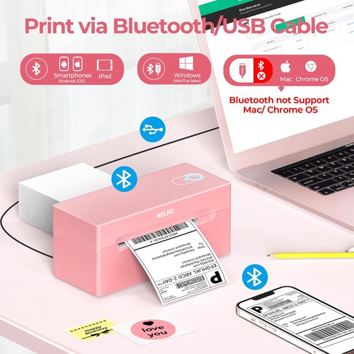 Nelko Bluetooth Shipping Label Printer - Wireless 4x6 Thermal Printer for Android, iPhone & Windows (Pink)