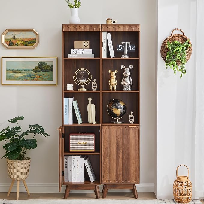 Tall Narrow Bookshelf with Door, Mid Century Modern Bookcase, 71" Slim Storage Cabinet with Adjustable Shelves, Modern Open Display Storage Organizer for Living Room Bathroom Office, Walnut