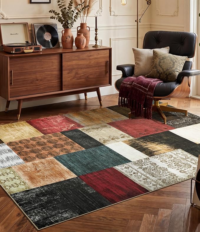 YIHOUSE Mid Century Modern Vintage Cowboy Area Rug 3x5 for Bedroom,Retro Patchwork Living Room Rug Non Slip,Red and Brown Floral Farmhouse Rugs Washable, Geometric Boho Rugs for Kitchen,Dining Room