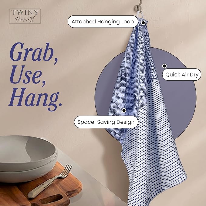 TWINY threads Dish Towel Diamond Pattern, Premium 100% Cotton Kitchen Linen Set, Large Wash Rags for Drying Dishes, Absorbent Quick Drying, Reusable, 4 Pack, 18"x26", Indigo Blue