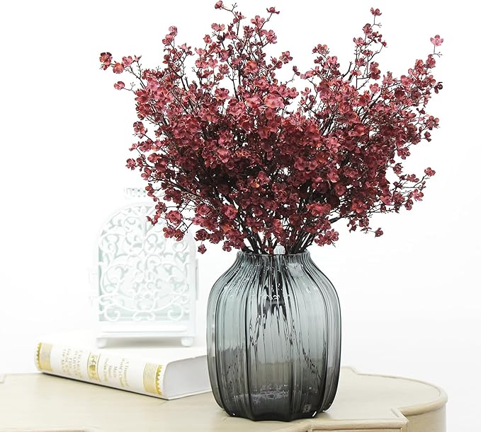 JAKY-Global Babys Breath Silk Artificial Flowers Bulk w/Vase 10pcs Fall Decor Fake Flower Bouquet Bulk Home Kitchen Indoor Bouquet Floral Arrangement Table Centerpieces Decor(Burgundy Red)