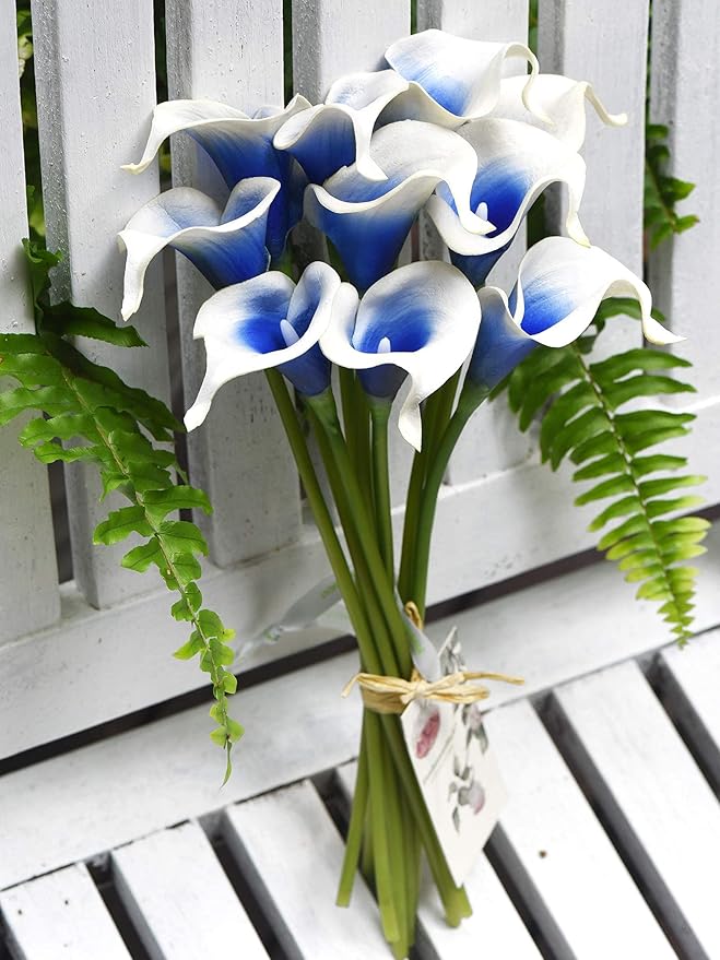 FiveSeasonStuff Real Touch Calla Lily Artificial Flowers Wedding Bridal Bouquet | Floral Arrangements | 15 Calla Lilies (Silk White & Abyss Blue)