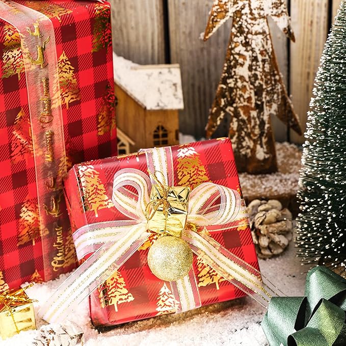 LeZakaa Red Gold Christmas Wrapping Paper Mini Roll, Christmas Tree Buffalo Plaid, Holly Jolly, Wreath Metallic Foil Holiday Gift Wrap, Arts Craft, for Xmas Winter Party, 17 x 120 inches, 3 Rolls
