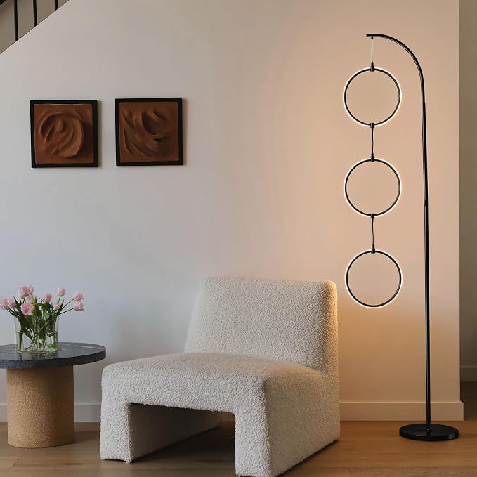 Brightech Nova Modern Floor Lamp Matches Living Room Décor - Contemporary Arc Tall Lamp with 3-Circle Ring-Style Pendant - Over The Couch Standing on Arching Pole - Eclectic- Black