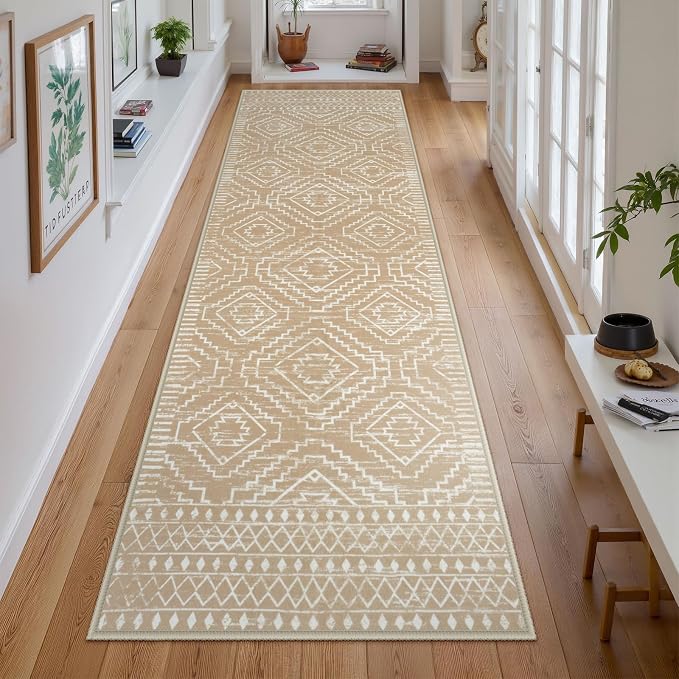 Wonnitar Moroccan Washable Kitchen Runner Rug 2'6"x8', Non-Slip Boho Rug Runners for Hallways, Farmhouse Floor Carpet Soft Runner for Bathroom Hall Entyway (Kakhi,2'6"x8')