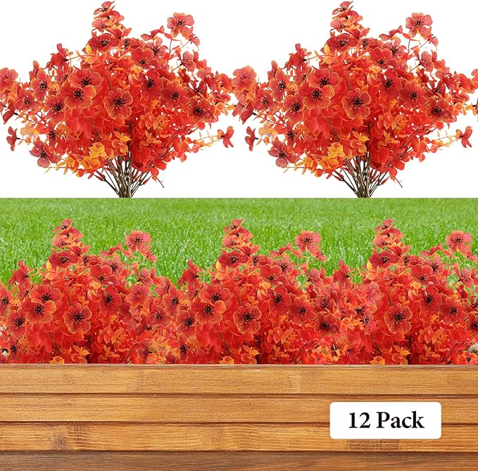 Artificial Fall Flowers Outdoor UV Resistant Fake Mums Bulk Outdoor Faux Mums Plants Plastic Flower Decorations for Home Garden Porch Hanging Planter Vase Autumn Decor Outside, 12 Bundles (Orange)