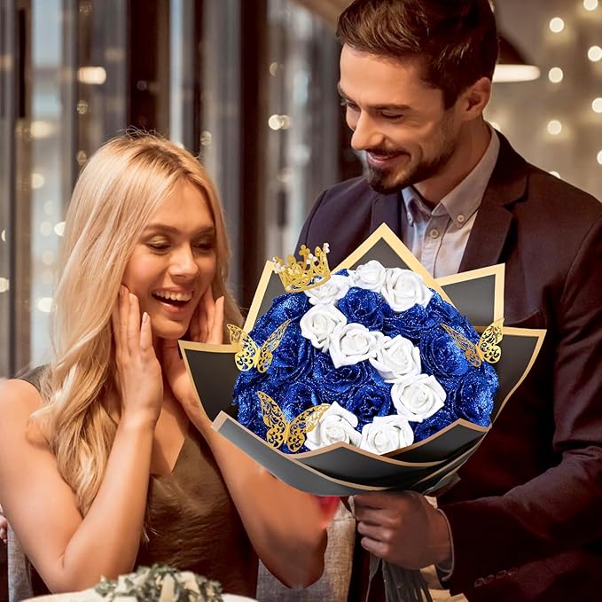 36+20 Glitter Roses Bouquet, DIY Fake Flowers Bouquet, Craft The Initials of Your Loves' Name with Artificial Rose Bouquet for Valentines, Anniversary, Wedding, Blue & White