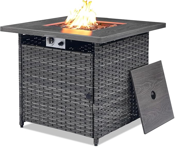 Belord 50000 BTU Propane Fire Pit Table with Lid and Lava Rock, 30 inch Outdoor Firepit Table Wicker Furniture, Square Fireplace Table Perfect for Relaxed Outside Patio Backyard Ambiance, Grey