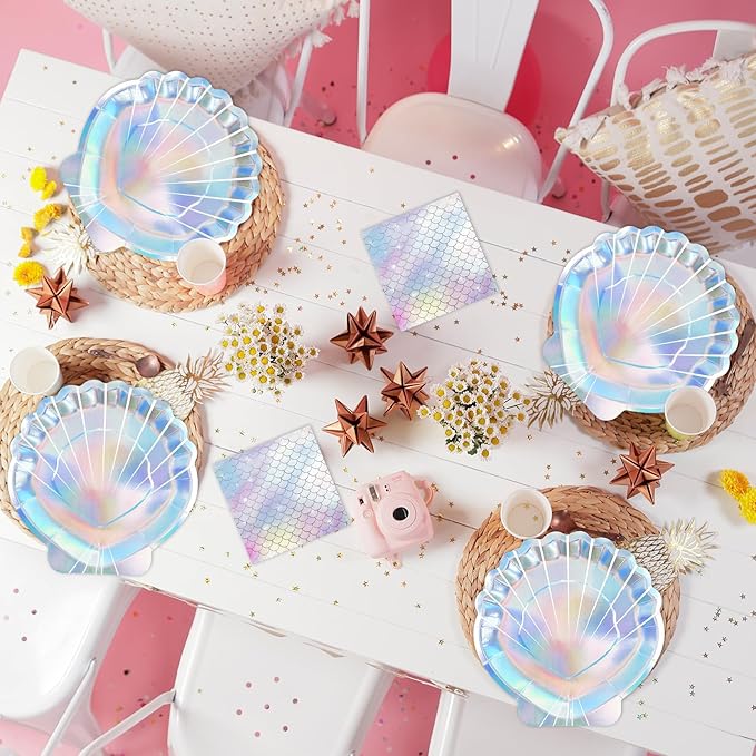 40 Pcs Iridescent Mermaid Plates and Napkins Party Supplies, Seashell Disposable Paper Plates and Napkins Tableware Set for Mermaid Baby Shower Birthday Party Decorations Serves 20