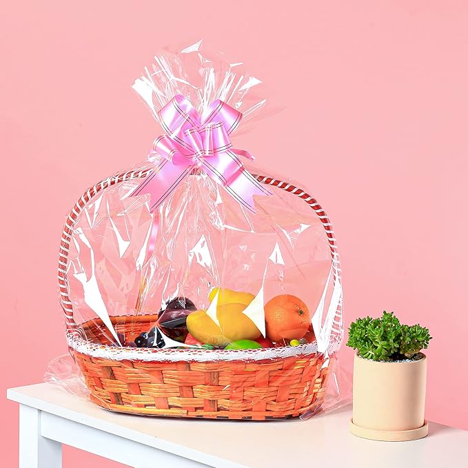50 Packs 32 x 40 Inches Cellophane Bags for Basket Extra-large Jumbo Clear Cellophane Wraps Clear Huge Cello Bags for Baskets, Gifts, Christmas Trees, Treats, Arts and Crafts, 50ct Ribbon Bows