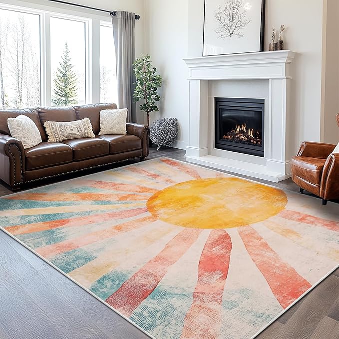 8x10 Boho Sun Area Rug Retro Orange Yellow Blue Beige Bedroom Rug Low Pile Thin Large Carpet Living Room Non Slip Dining Room Stain Resistant Office Washable Machine Classroom
