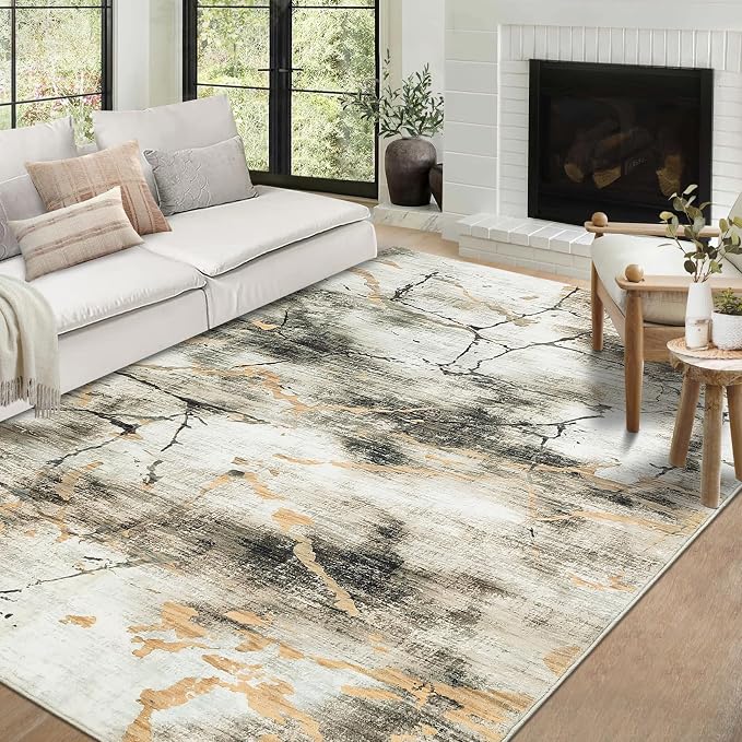 Area Rug 5x7 Washable Modern Abstract Rug for Living Room Water Ink Abstract Small Accent Carpets Low Pile Soft Bedroom Floor Covers Non Shedding Office Carpet Mat for Porch Kitchen， Brown