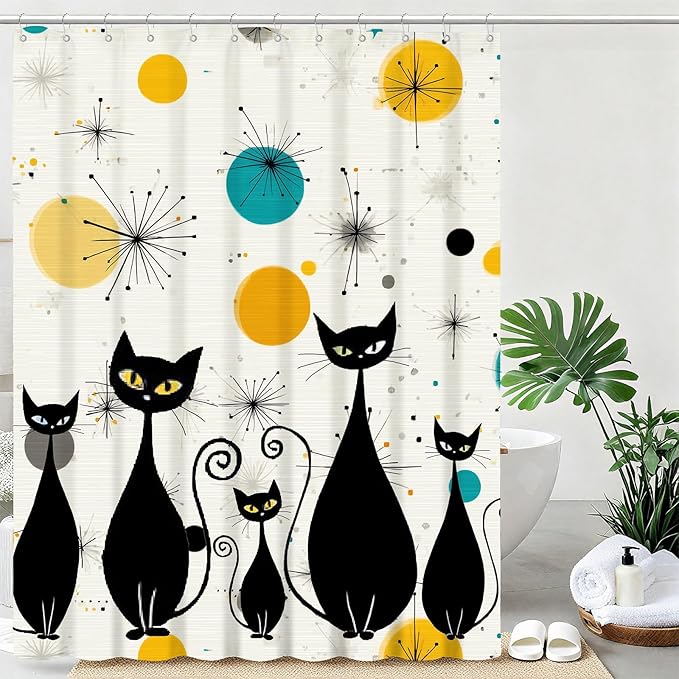 Mid Century Shower Curtain Cute Cats Shower Curtains for Bathroom Waterproof Fabric Bath Curtain Decor with Hooks