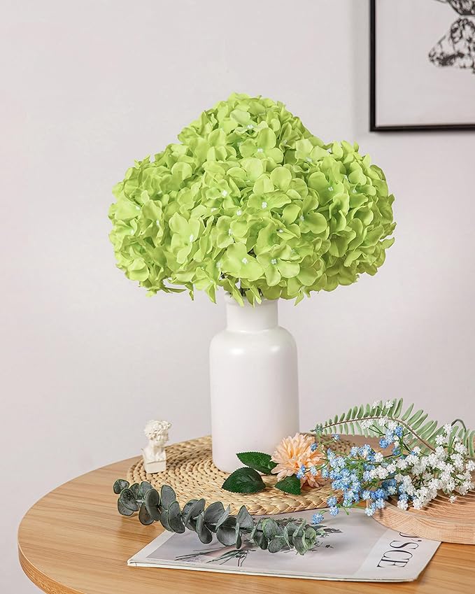 DuHouse 8.7" Silk Hydrangea Flower Heads with Stems Fake Hydrangeas Flowers for DIY Wedding Centerpiece Home Decor,Pack of 6(Light Green)