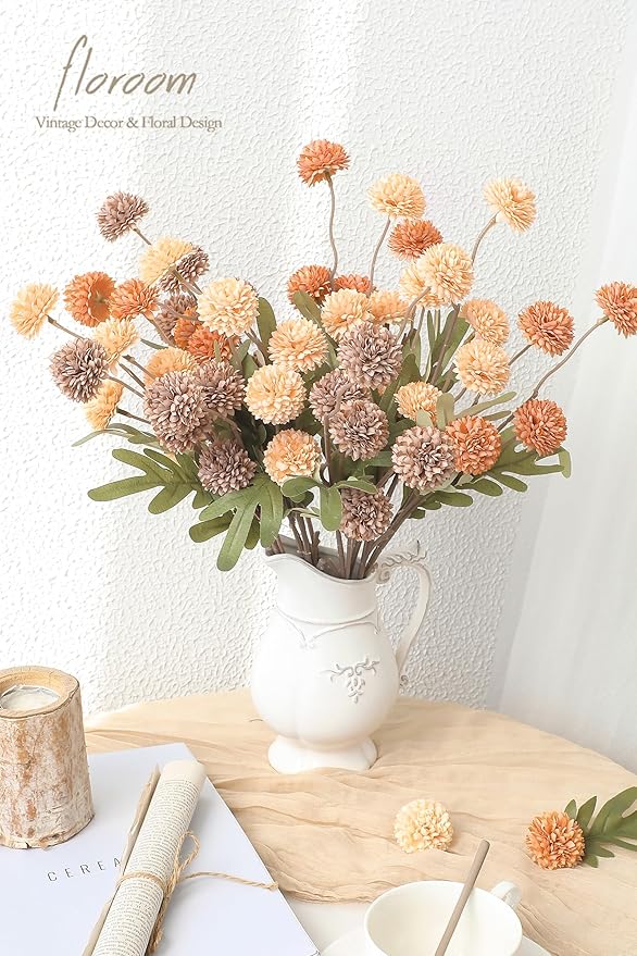 Floroom 9pcs Burnt Orange Taupe Mix Faux Silk Mums Artificial Flowers, Bulk Fake Small Mini Chrysanthemums with Stems for DIY Wedding Centerpieces Floral Arrangements Vase Fillers Home Decorations