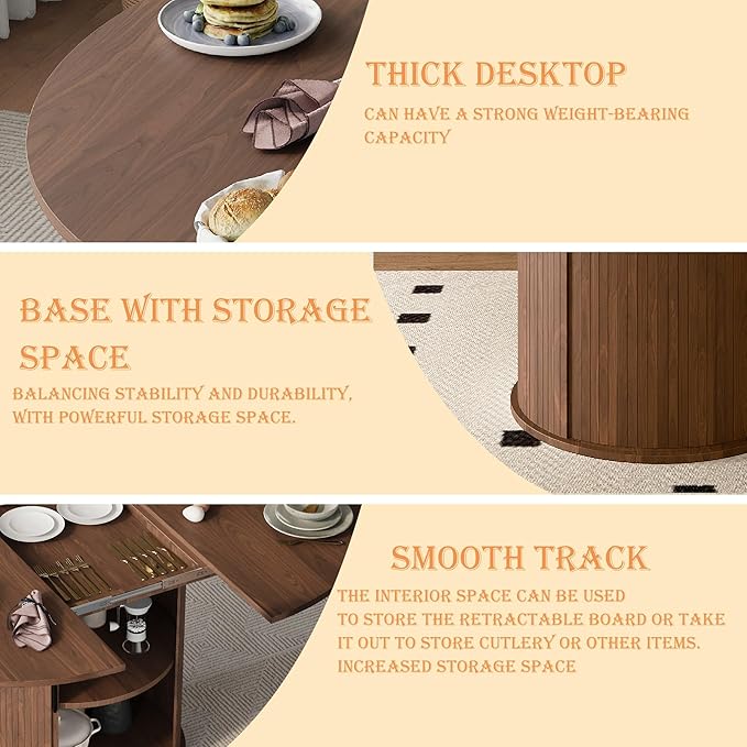 Wildhome Extendable Round Dining Table for 2-4-6, 59 Inch Dining Room Kitchen Table with 2-Tier Storage Shelf, Modern Farmhouse Fluted Wood Slide Door Dinner Furniture,Oval Circle,Walnut-59 Inch