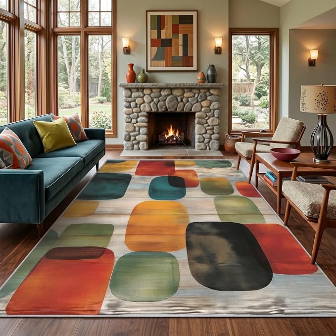 Mid Century Geometric Area Rug 4x6 ft, Retro Color Block Abstract Statement Rug, Low Pile Non-Slip Washable Indoor Rug for Living Room Bedroom