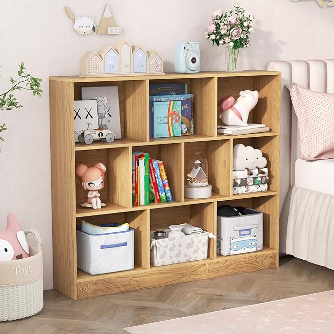 HONEY JOY Kids Toy Storage Organizer, 10-Section Wooden Floor Storage Cabinet, 41” Daycare Toy Chest, 3-Tier Kids Display Bookshelf for Classroom, Playroom & Nursery, Kindergarten (Natural)