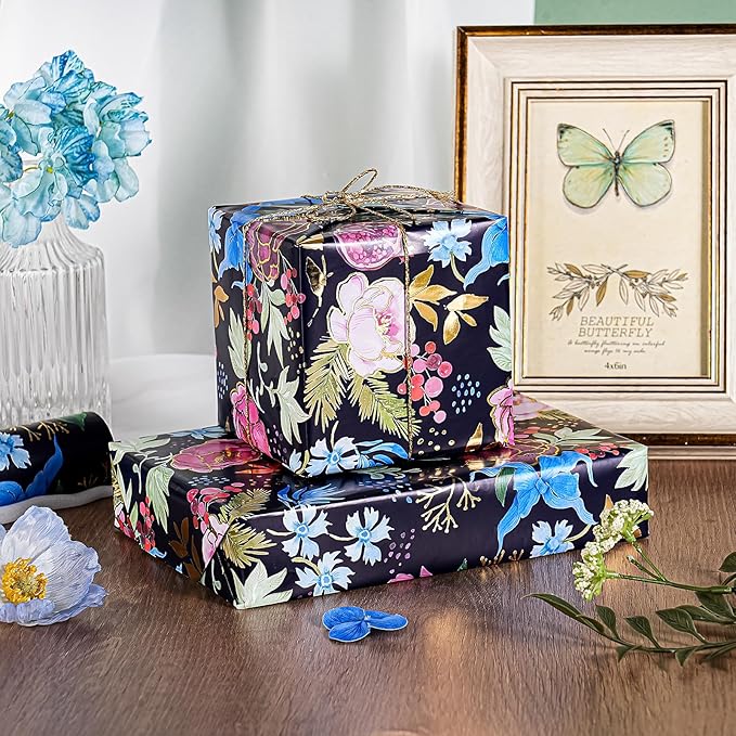 WRAPAHOLIC Floral Wrapping Paper Roll - Mini Roll - 17 Inch x 16.5 Feet - Elegant Gold Foil Birds and Flower Wrapping Paper Perfect for Wedding, Birthday, Bridal Shower, Tea Party