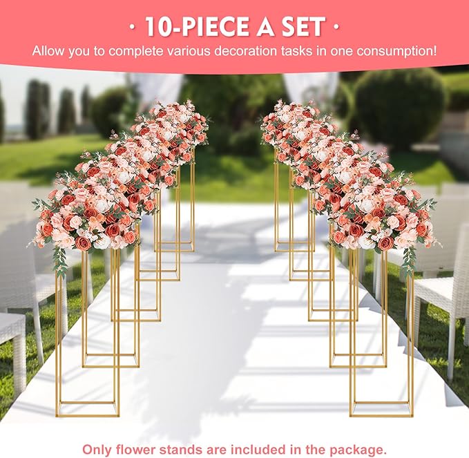 10Pcs Gold Wedding Flower Stands, Metal Column Flower Holder Gold Flower Centerpieces Stands Wedding Metal Centerpieces Rectangular Vase for Wedding Decorations Party Event (10Pcs 31.4in)