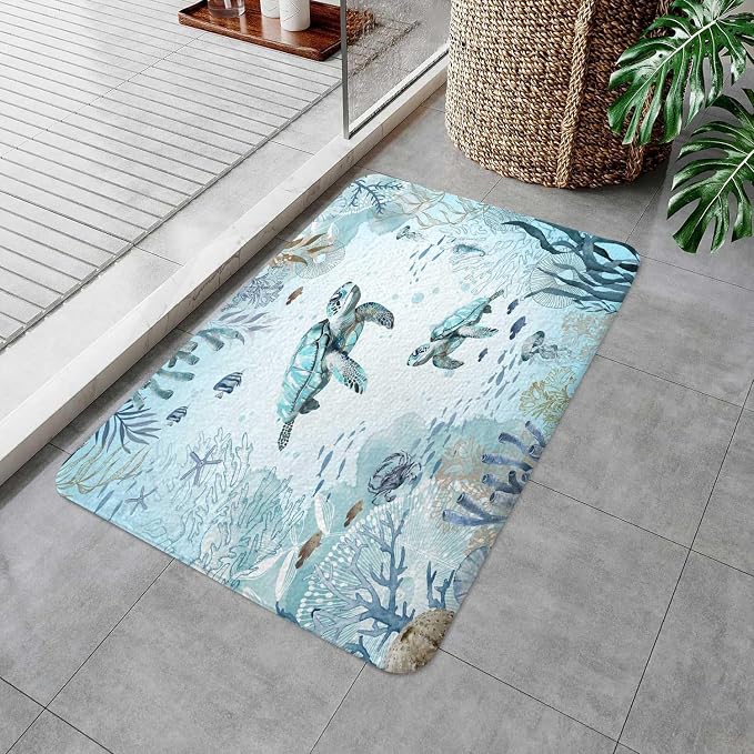 Sea Turtle Bath Rugs for Bathroom, Teal Blue Ocean Beach Coastal Funny Animal Nautical Starfish Fish Non Slip Flannel Bathroom Rug, Dry Fast Water Absorbent Bath Mats, 17x29 Inch