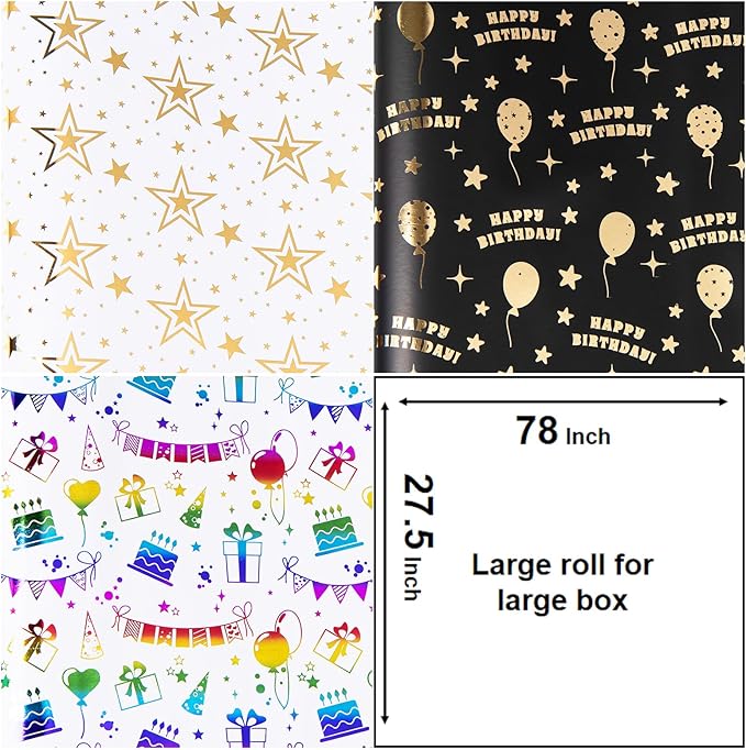 Linnoptimix Birthday Wrapping Paper Rolls -3 LARGE ROLL-27inch*78 inch per roll Colorful Foil wrapping paper (Birthday 1 Black/Gold&1 White/Gold &1White/Colorful Foil（011）)