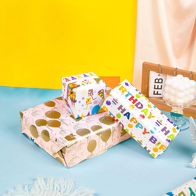 Linnoptimix Birthday Wrapping Paper Rolls -3 LARGE ROLL-27inch*78 inch per roll Colorful Foil wrapping paper (Birthday 3 White/Colorful （014）) Christmas