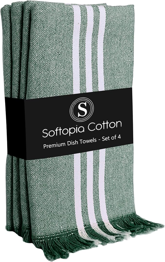 Stripe Kitchen Towels 4 Pack, 16x26 Inches, Cotton Dish Cloths, Absorbent Drying Rags, Reusable and Washable Tea Towels, Cleaning Cloths for Daily Kitchen Use - Forest Green